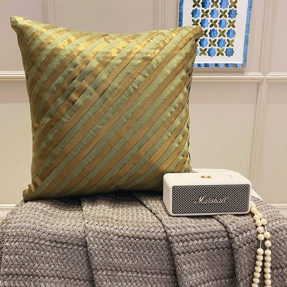 Pillow Cover, Olive Green Zippered Throw Pillow Covers 16x16 inch (40x40 cm), Silk Designer Pillow Covers, Striped, Pintucks, Textured, Striped - Unfolding Olive Copper