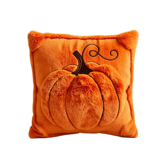 Pillow Cover, Orange Fuzzy Plush 3D Embroidered Pumpkin, 1 Piece Soft Decorative Throw Pillow Case for Fall Thanksgiving Halloween Home Couch Bedroom Sofa Living Room Farmhouse Holiday Decor