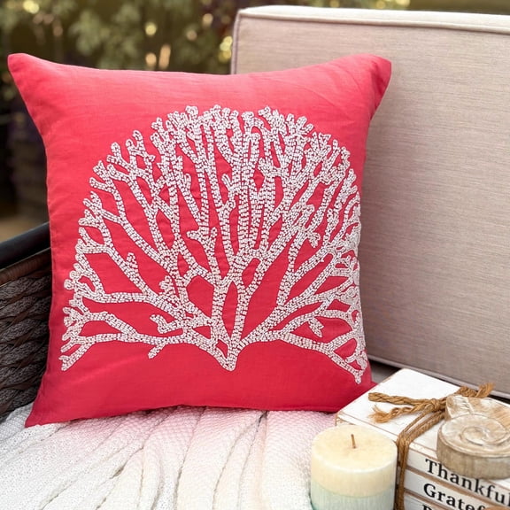 Pillow Cover, Pillow Covers 22x22 inch (55x55 cm), Coral Pillow Cases, Beaded Tree Pillows Cover, Cotton Linen Square Throw Pillow Covers, Floral Contemporary Pillow - White Forest