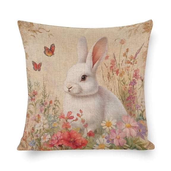 Pillow Cover Rabbit with Spring Flowers Butterflies Pillowcase Farm Decoration Pillow Case Spring Easter Decorative Pillowcases for Bed 18"x18" Decor for Sofa Couch