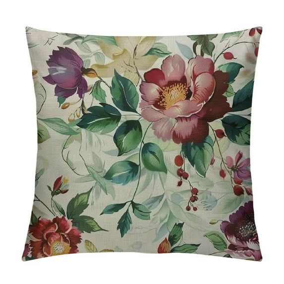 Pillow Cover Roses, Vintage Gold Burgundy Flowers Leaves Decorative Square Pillowcases Cotton Linen Cushion Cover  for Sofa Bedroom Home Car Office
