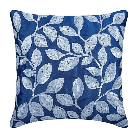 Pillow Cover, Royal Blue Pillow Cover, Sequins Leaves Garden Pillow Cover, 20x20 inch (50x50 cm) Pillow Cover, Floral Pillow Cover, Square Silk - Royal Song