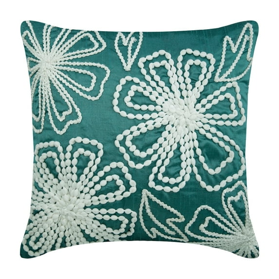 Pillow Cover, Teal Blue Pillow Cover 18x18 inch (45x45 cm), Handmade Pompom Lace Flower Floral Theme Cushion Cover, Square Silk Throw Pillows Cover, Floral - Snowy Blooms