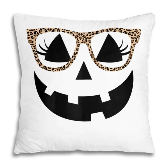 Pillow Cover - Womens Pumpkin Face Leopard Glasses With Eyelashes Halloween Pillow