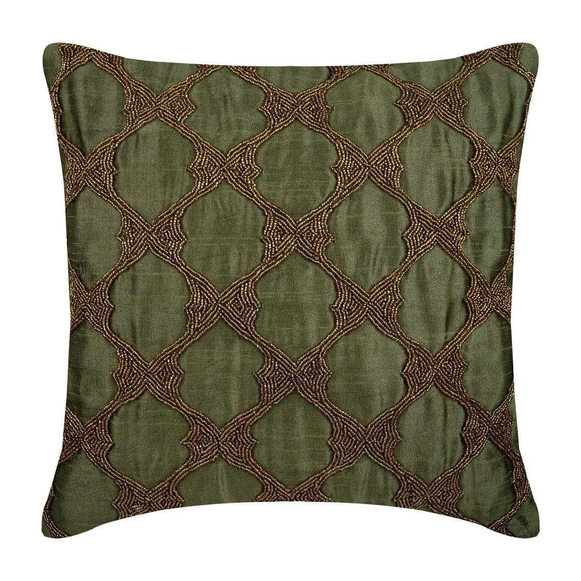 Pillow Cover Zipper, Earth Green Pillow Cover, Gold Beaded Lattice Trellis Pillow Cover, 14x14 inch (35x35 cm) Pillow Cover, Square Silk Pillow Cover Couch, Geometric - Tarnished Gold