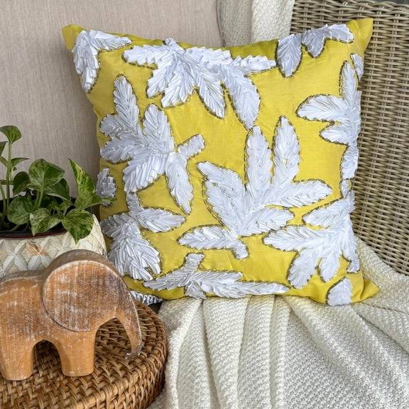 Pillow Cover Zipper, Yellow Pillow Cover, Ribbon Leaf Tropical Theme Throw Pillows Cover, 14x14 inch (35x35 cm) Pillow Covers, Square Silk Throw Pillows Cover, Floral - White Leaves
