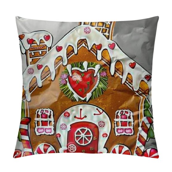 Pillow Cover, Zippered Covers Pillowcases Throw Pillow Covers Cute Gingerbread House with Trees and Candy Cane Frame for Home Sofa Bedding