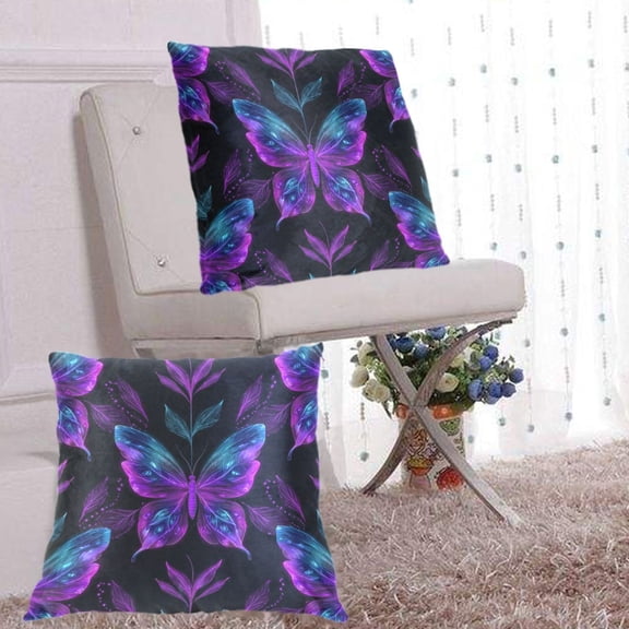 Pillow Covers 16x16 Decorative Square Pillow Covers For Sofa Couch Farmhouse Home Neon Purple and Blue Butterflies