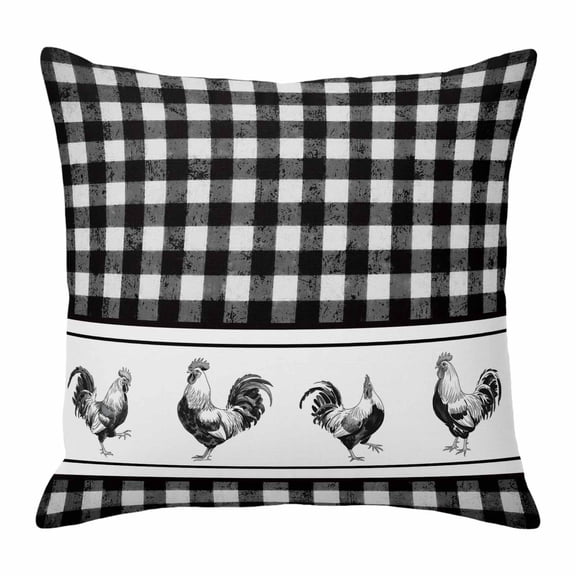 Pillow Covers 16x16 Inch, Farmhouse Black Plaid Linen Pillowcase with Invisible Zipper, Vintage Country Cock Checkered Decorative Throw Pillow Covers Cushion Case for Couch Sofa Bed Living Room