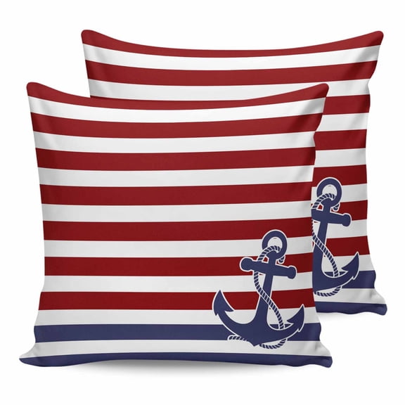 Pillow Covers 16x16 Set of 2, Anchor Red Throw Pillow Covers Decorative Couch Cushion Cover, Modern Navy Blue White Striped Nautical Microfiber Soft Square Pillowcases for Bedroom Living Room Sofa
