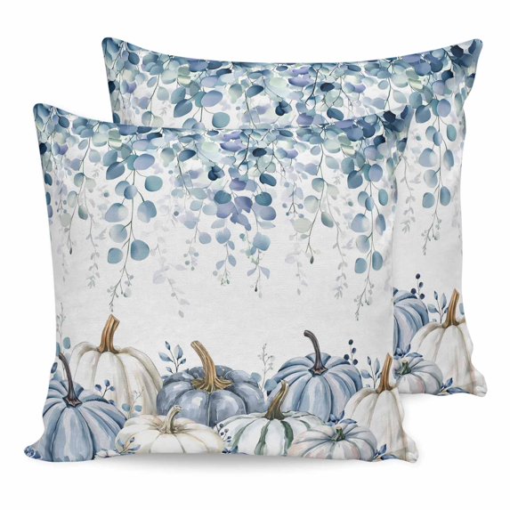 Pillow Covers 16x16 Set of 2, Blue Pumpkin Fall Throw Pillow Covers Decorative Couch Cushion Cover, Thanksgiving Eucalyptus Leaves Weeping Microfiber Soft Pillowcases for Bedroom Living Room Sofa