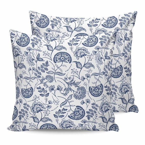 Pillow Covers 16x16 Set of 2, Boho Blue Floral Throw Pillow Covers Decorative Couch Cushion Cover, Vintage Farmhouse Paisley Plant Leaf Microfiber Soft Square Pillowcases for Bedroom Living Room Sofa