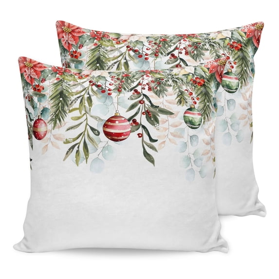 Pillow Covers 16x16 Set of 2, Christmas Snowflakes Throw Pillow Covers Decorative Couch Cushion Cover, Winter Poinsettia Xmas Balls Floral Leaf Microfiber Soft Pillowcases for Bedroom Living Room