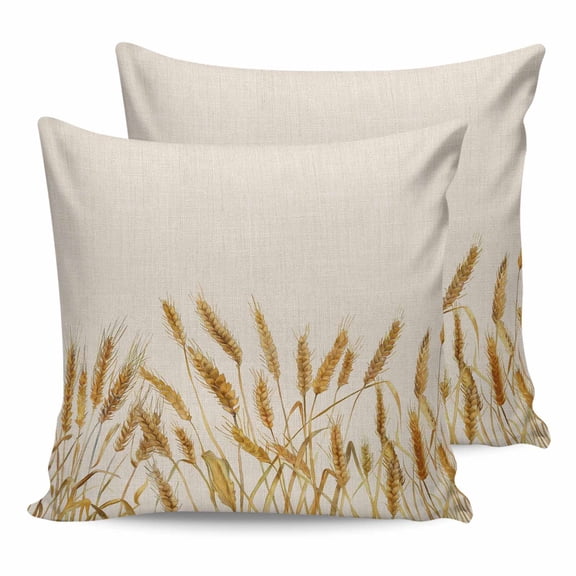 Pillow Covers 16x16 Set of 2, Fall Wheat Throw Pillow Covers Decorative Couch Cushion Cover, Autum Botanical Rustic Yellow Orange Microfiber Soft Square Pillowcases for Bedroom Living Room Sofa
