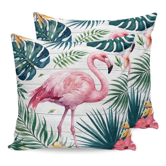 Pillow Covers 16x16 Set of 2, Flamingo Throw Pillow Covers Decorative Couch Cushion Cover, Vintage Summer Palm Leaves Tropical Botanical Microfiber Soft Square Pillowcases for Bedroom Living Room