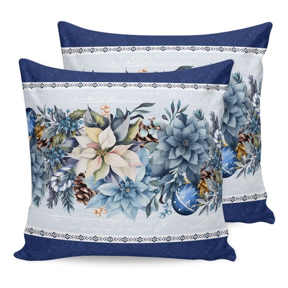 Pillow Covers 16x16 Set of 2, Navy Blue Christmas Throw Pillow Covers Decorative Couch Cushion Cover, Poinsettia Xmas Ball Berry Winter Microfiber Soft Square Pillowcases for Bedroom Living Room Sofa