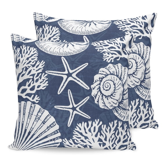 Pillow Covers 16x16 Set of 2, Navy Blue Starfish Coastal Throw Pillow Covers Decorative Couch Cushion Cover, Summer Coral Shell Beach Nautical Microfiber Soft Pillowcases for Bedroom Living Room Sofa