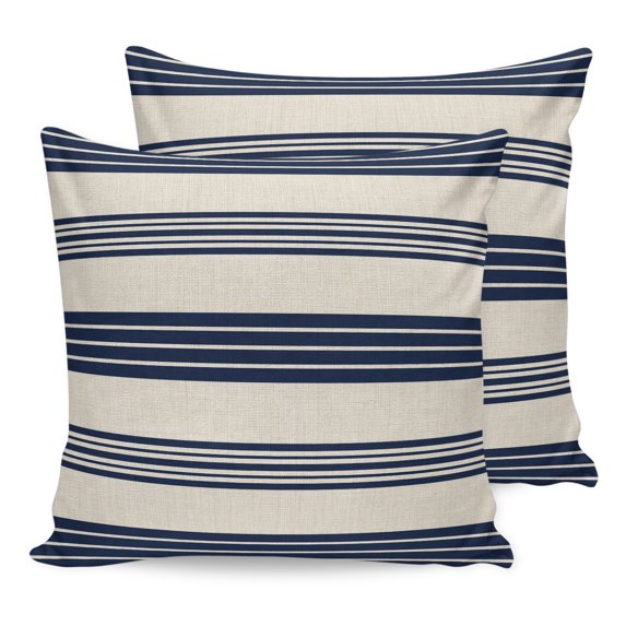 Pillow Covers 16x16 Set of 2, Navy Blue Striped Throw Pillow Covers Decorative Couch Cushion Cover, Modern Geometric Horizontal Stripes Beige Microfiber Soft Pillowcases for Bedroom Living Room Sofa