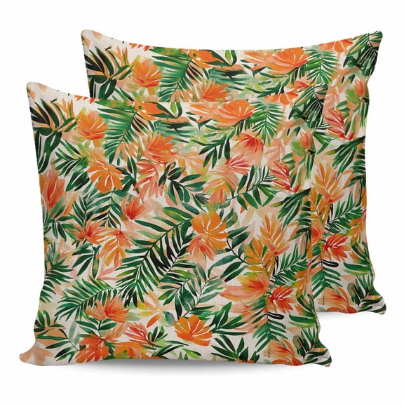 Pillow Covers 16x16 Set of 2, Orange Green Palm Leaves Throw Pillow Covers Decorative Couch Cushion Cover, Summer Tropical Floral Microfiber Soft Square Pillowcases for Bedroom Living Room Sofa