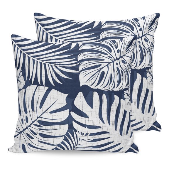 Pillow Covers 16x16 Set of 2, Palm Tree Monstera Throw Pillow Covers Decorative Couch Cushion Cover, Indigo Navy Leaf Boho Botanical Tropical Microfiber Soft Pillowcases for Bedroom Living Room Sofa