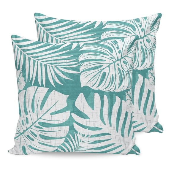 Pillow Covers 16x16 Set of 2, Palm Tree Monstera Throw Pillow Covers Decorative Couch Cushion Cover, Turquoise Teal White Leaf Boho Botanical Microfiber Soft Pillowcases for Bedroom Living Room Sofa