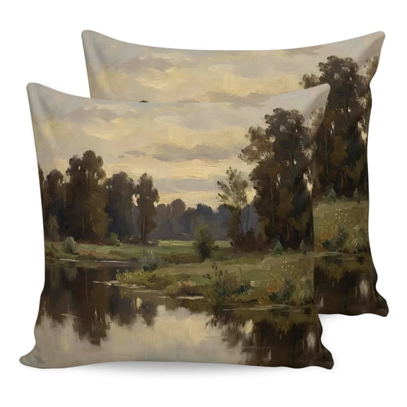 Pillow Covers 16x16 Set of 2, River Valley Throw Pillow Covers Decorative Couch Cushion Cover, Forest Sunset Sky Olive Green Microfiber Soft Square Pillowcases for Bedroom Living Room Sofa