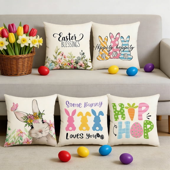 Pillow Covers 18x18, Easter Decorations Bunny Throw Pillow Covers, Holiday Themed Cushion Cover for Spring Decor Bedroom Couch, Multicolor
