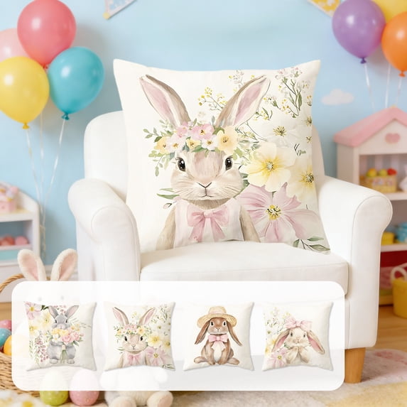 Pillow Covers 18x18, Easter Decorations Bunny Throw Pillow Covers, Printed Spring Decor for Bedroom Couch Cushion Cover, White