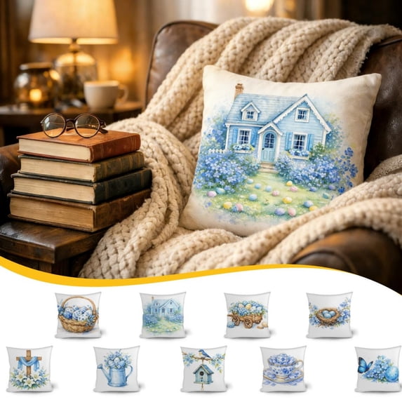 Pillow Covers 18x18, Easter Decorations Throw Pillow Covers, Blues Theme Style Home Spring Decor for Bedroom Couch Cushion Cover