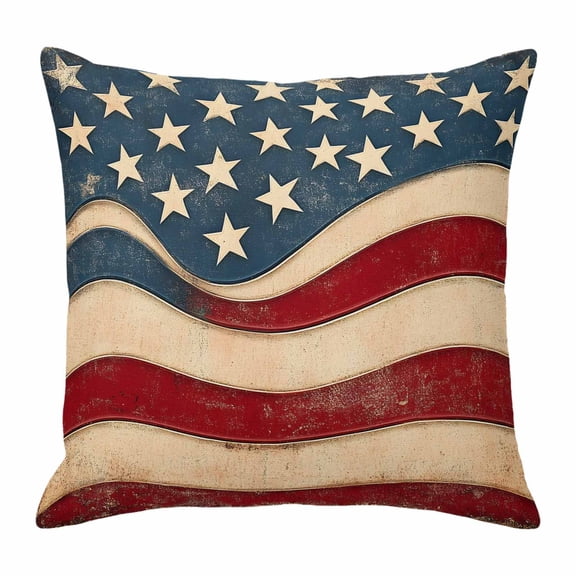 Pillow Covers 18x18 Inch, Vintage American Flag Linen Pillowcase with Invisible Zipper, Blue Red White Star US Flag Decorative Throw Pillow Covers Cushion Case for Couch Sofa Bed Living Room