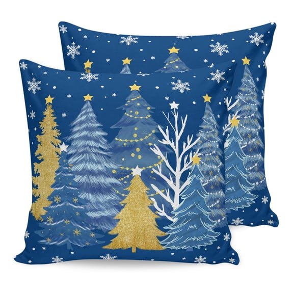 Pillow Covers 18x18 Set of 2, Blue Christmas Tree Throw Pillow Covers Decorative Couch Cushion Cover, Blue Golden Xmas Tree Snowflake Winter Microfiber Soft Pillowcases for Bedroom Living Room Sofa