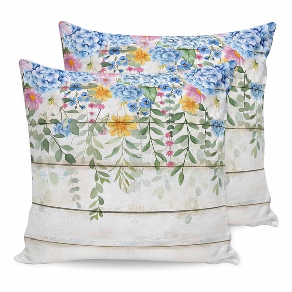 Pillow Covers 18x18 Set of 2, Blue Spring Floral Square Throw Pillow Covers for Couch/Sofa/Living Room, Summer Botanical Pastoral Wooden Decorative Soft Pillowcases for Couch Throw Pillows
