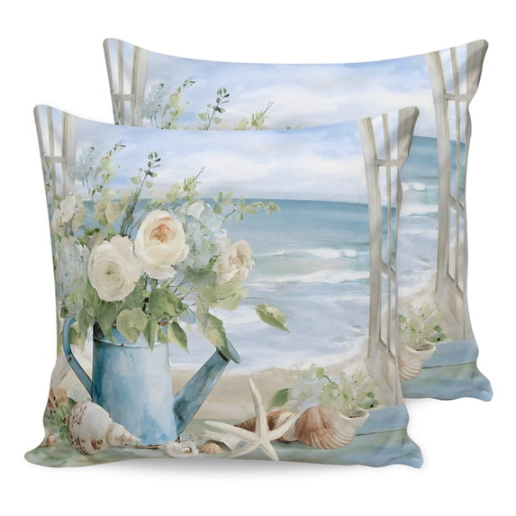 Pillow Covers 18x18 Set of 2, Coastal Floral Throw Pillow Covers Decorative Couch Cushion Cover, Summer Beach Starfish Seashells Ocean Microfiber Soft Square Pillowcases for Bedroom Living Room Sofa