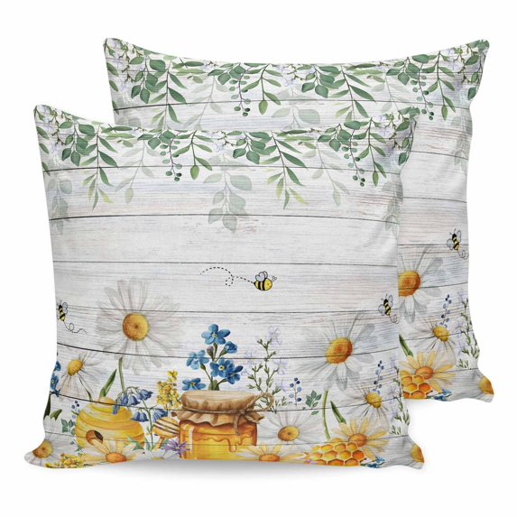 Pillow Covers 18x18 Set of 2, Daisy Spring Floral Square Throw Pillow Covers for Couch/Sofa/Living Room, Farmhouse Botanical Green Leaves Wooden Decorative Soft Pillowcases for Couch Throw Pillows