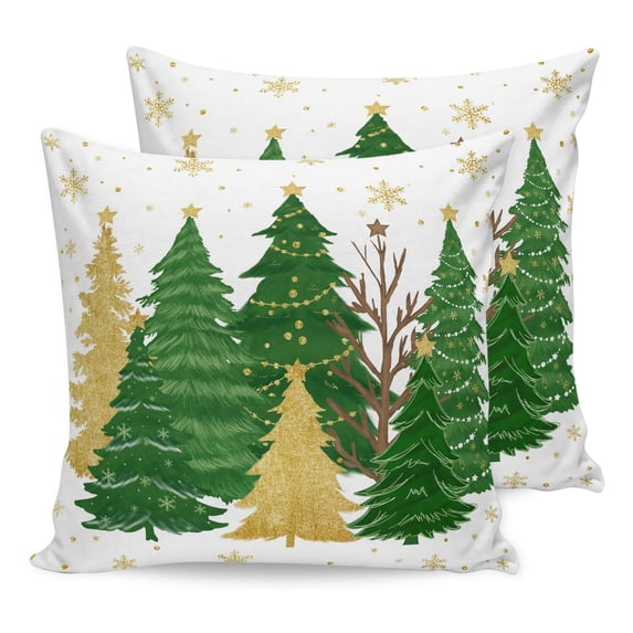 Pillow Covers 18x18 Set of 2, Green Christmas Tree Throw Pillow Covers Decorative Couch Cushion Cover, Golden Xmas Tree Winter Snowflake Microfiber Soft Square Pillowcases for Bedroom Living Room