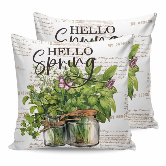 Pillow Covers 18x18 Set of 2, Hello Spring Throw Pillow Covers Decorative Couch Cushion Cover, Pastoral Green Botanical Farmhouse Microfiber Soft Square Pillowcases for Bedroom Living Room Sofa