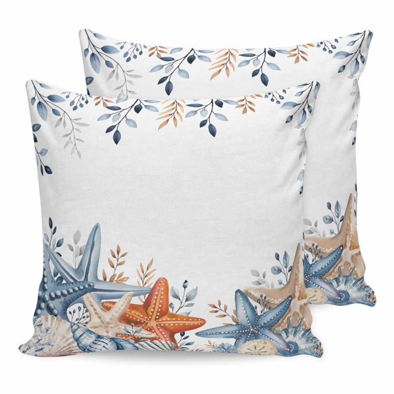 Pillow Covers 18x18 Set of 2, Orange Blue Starfish Coastal Square Throw Pillow Covers for Couch/Sofa/Living Room, Nautical Beach Eucalyptus Decorative Soft Pillowcases for Couch Throw Pillows