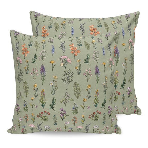 Pillow Covers 18x18 Set of 2, Sage Green Wildflowers Throw Pillow Covers Decorative Couch Cushion Cover, Farmhouse Herbs Floral Summer Microfiber Soft Square Pillowcases for Bedroom Living Room Sofa