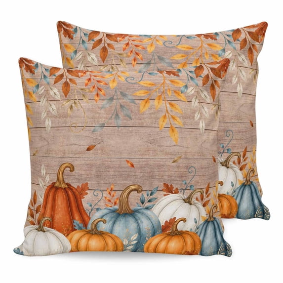 Pillow Covers 18x18 Set of 2, Teal Orange Fall Square Throw Pillow Covers for Couch/Sofa/Living Room, Retro Thanksgiving Pumpkins Leaves Wooden Decorative Soft Pillowcases for Couch Throw Pillows