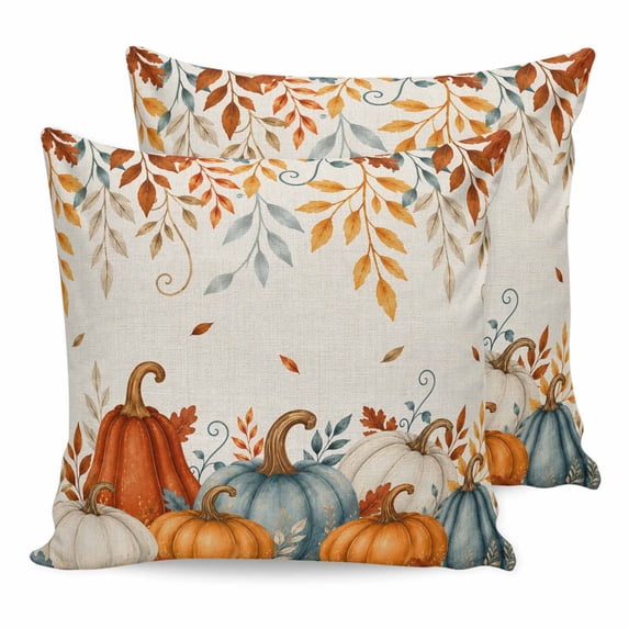 Pillow Covers 18x18 Set of 2, Teal Orange Pumpkins Square Throw Pillow Covers for Couch/Sofa/Living Room, Fall Thanksgiving Leaves Linen Texture Decorative Soft Pillowcases for Couch Throw Pillows