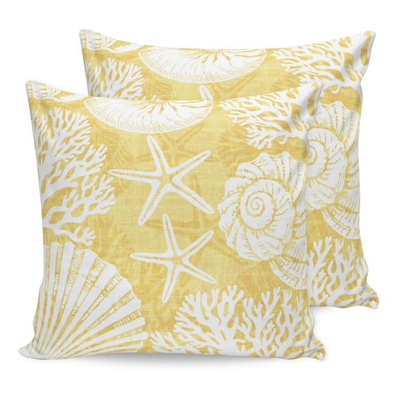 Pillow Covers 18x18 Set of 2, Yellow Coastal Throw Pillow Covers Decorative Couch Cushion Cover, Conch Nautical Summer Starfish Shell Coral Microfiber Soft Pillowcases for Bedroom Living Room Sofa