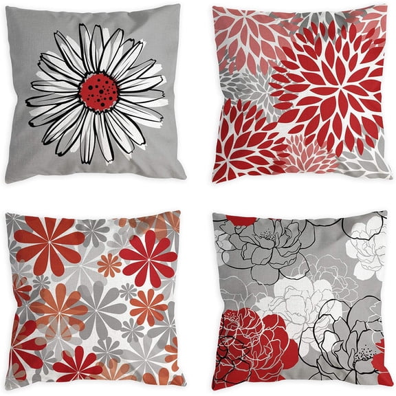 Pillow Covers 18x18 Set of 4 Black and Red Decorative Throw Pillow Cover for Couch Modern Daisy Pillows Case for Living Room Cushion Bed Outdoor Grey Burgundy Home Decor