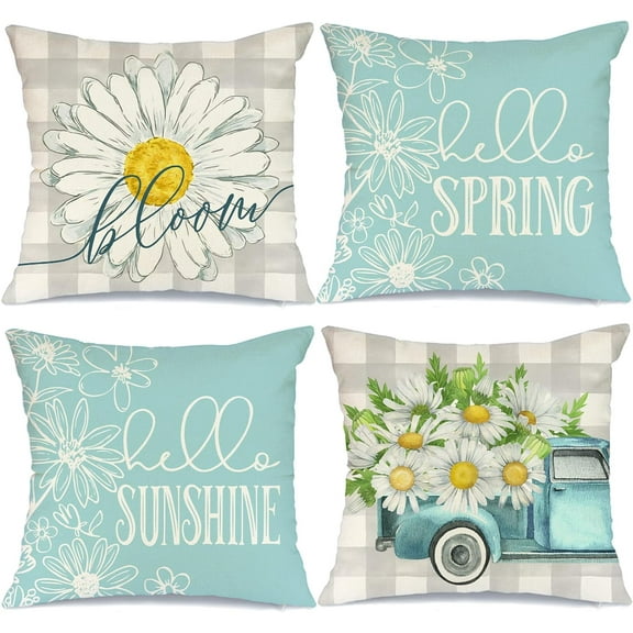 Pillow Covers 18x18 Set of 4 Buffalo Plaid Daisy Truck Bloom Hello Sunshine Spring Pillows Decorative Throw Pillows Light Blue Pillowcase Spring Decorations Farmhouse Decor for Couch Sofa