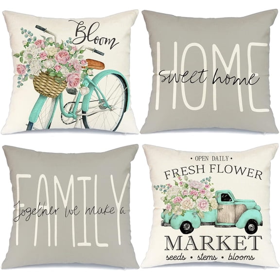Pillow Covers 18x18 Set of 4 Eucalyptus Leaves Fresh Flowers White Bicycle Truck Home Sweet Home Decorative Throw Pillows Pillowcase Spring Decorations Farmhouse Decor for Couch Sofa Beige