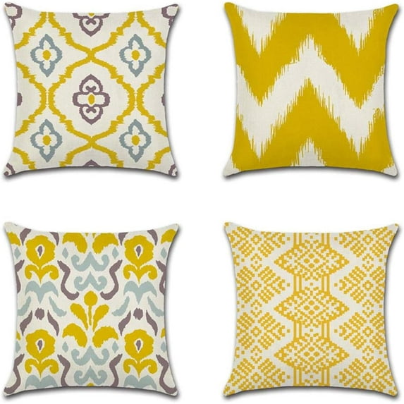 Pillow Covers 18x18 Set of 4, Modern Sofa Throw Pillow Cover, Decorative Home Outdoor Linen Fabric Geometric Pillow Case for Couch Bed Car 45x45cm(Style5, Yellow)