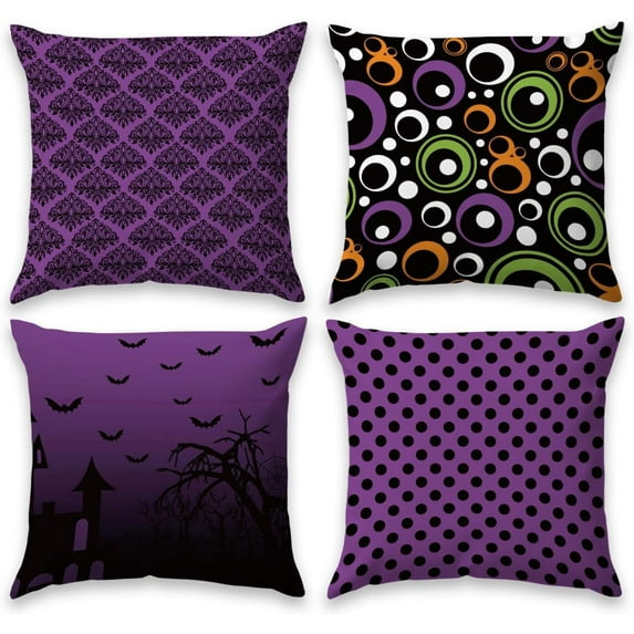 Pillow Covers 18x18 Set of 4 Throw Pillow Covers Decorative Purple Bat Polka Dots Stripes Decor Cute Soft Pillow Cases for Sofa Couch Cushion Bedroom Home Farmhouse