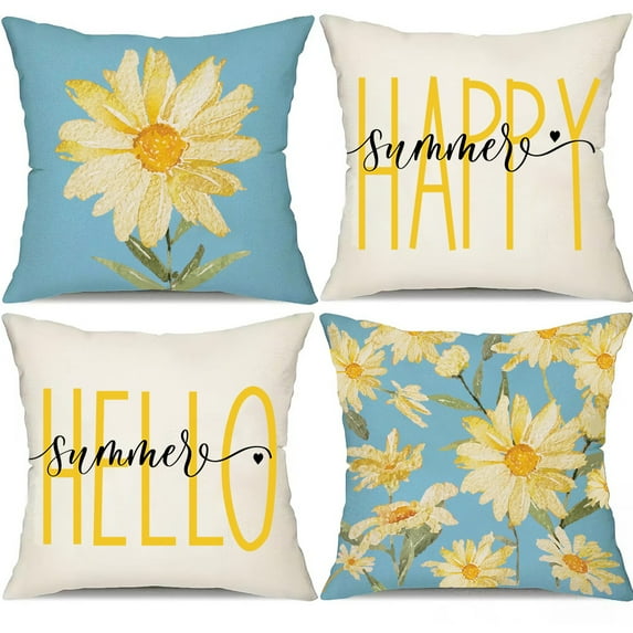 Pillow Covers 18x18 Set of 4, Watercolor Daisy Throw Pillow Covers, Hello Sunshine Summer Outdoor Decor Cushion Case Decoration for Home Couch Chair Sofa