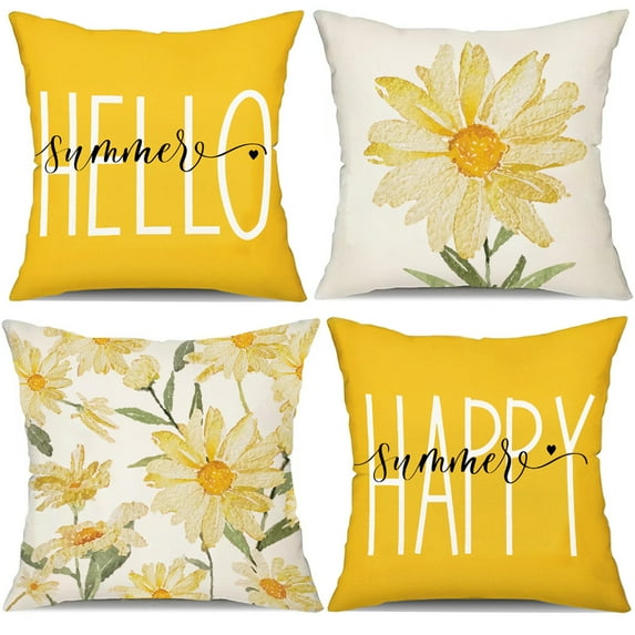 Pillow Covers 18x18 Set of 4, Watercolor Daisy Throw Pillow Covers, Hello Sunshine Summer Outdoor Decor Cushion Case Decoration for Home Couch Chair Sofa
