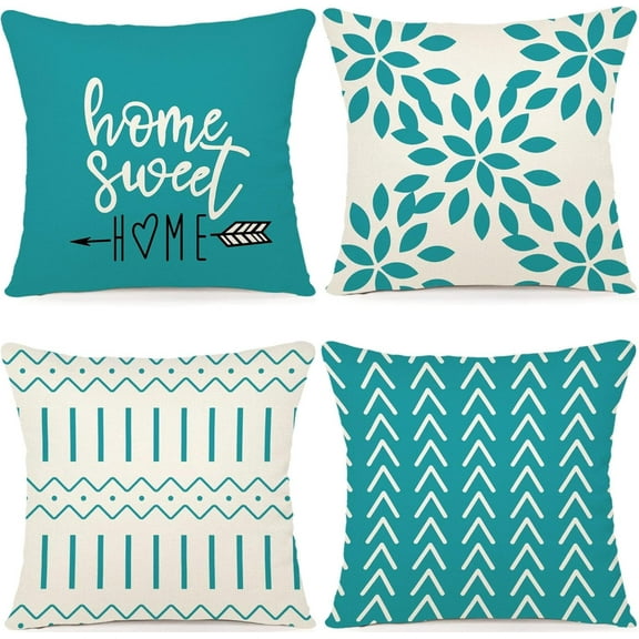 Pillow Covers 18x18 Set of 4, Modern Sofa Throw Pillow Cover, Decorative Outdoor Linen Fabric Pillow Case for Couch Bed Car, Aqua Blue