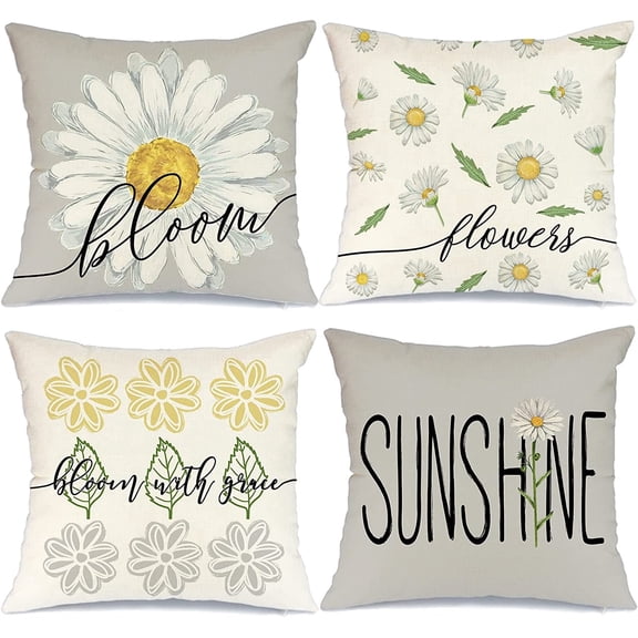 Pillow Covers 30x30 Inch Set of 4 Farmhouse Summer Decor Daisy Bloom Floral Spring Summer Pillows Decorative Throw Pillows Grey Sunflowers Pillowcase Cushion Case Summer Decorations for Home